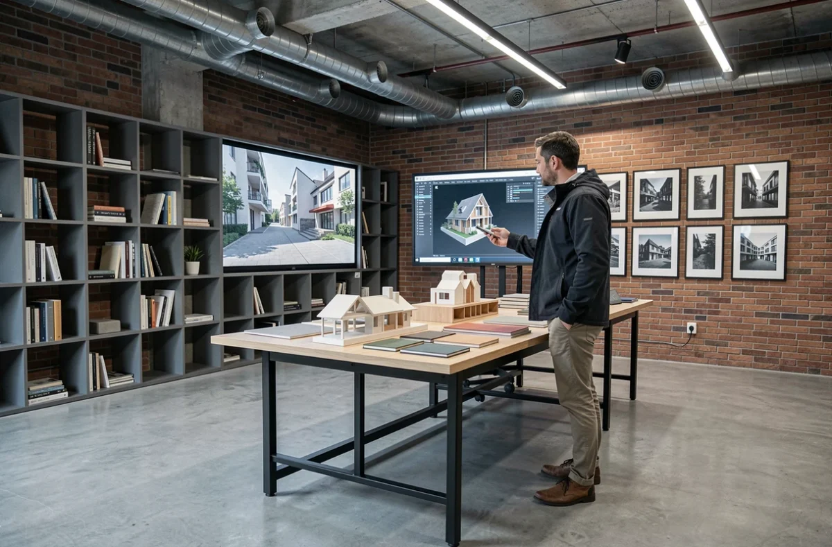 Architecte de 19 Degrés Architecte examinant des rendus 3D dans un bureau d'architecture contemporain avec maquettes et échantillons de matériaux