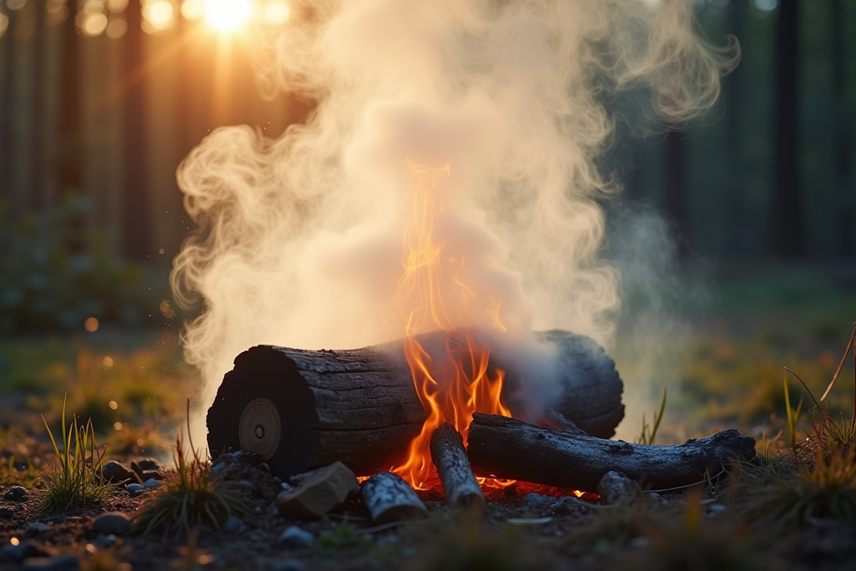 Gaz CO2 soufflant sur un feu de bois en extérieur