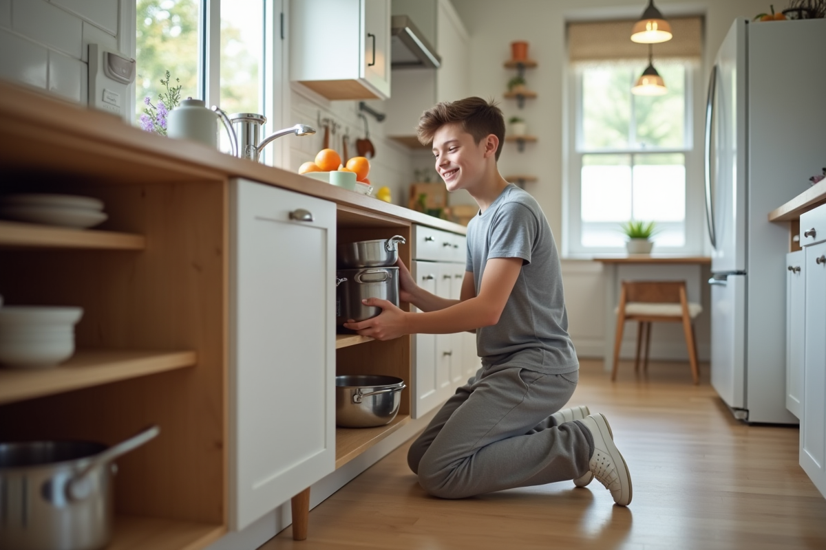 Adolescent organisant la cuisine en empilant des casseroles