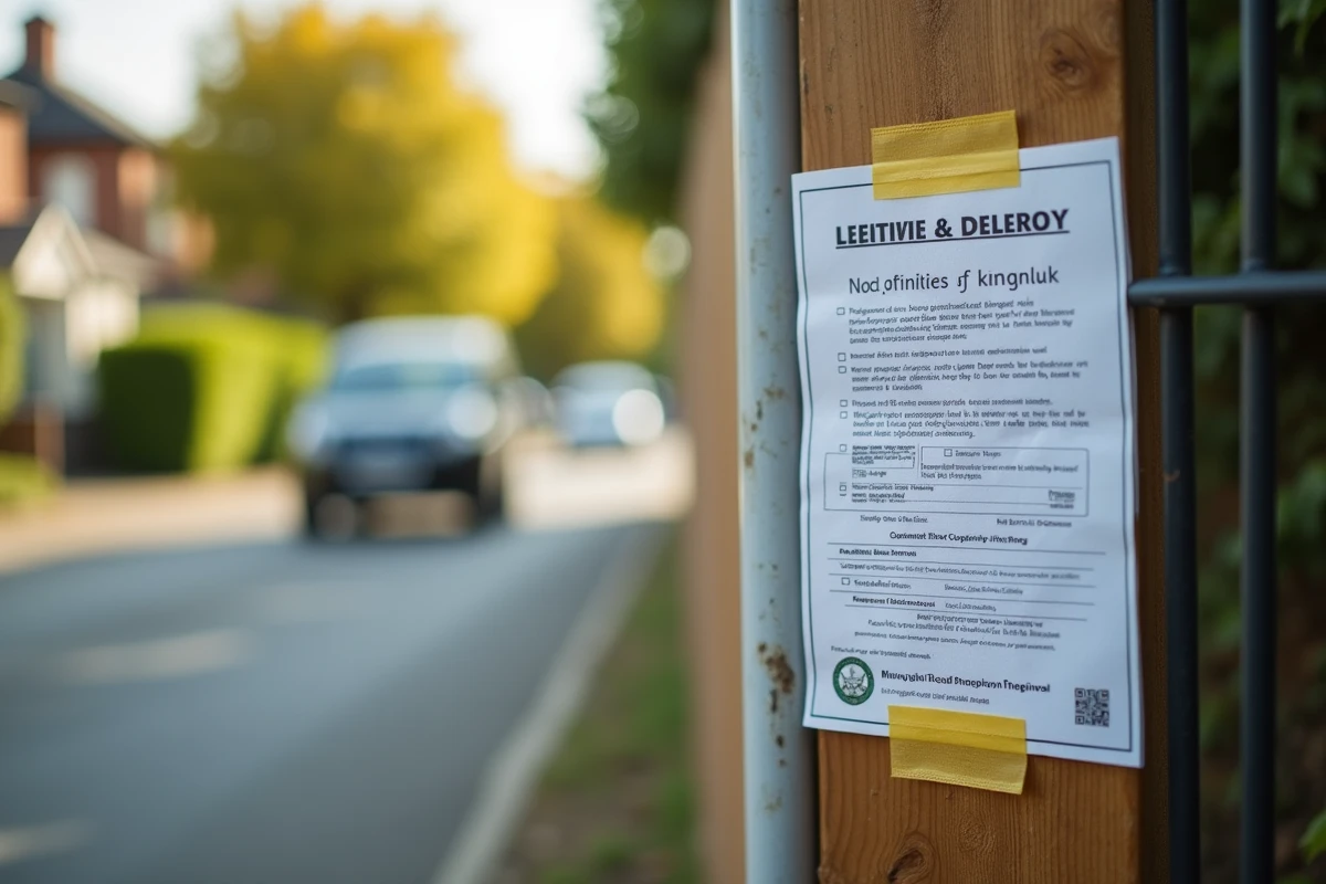 Gros plan sur un panneau d'affichage de déclaration de travaux pour une clôture fixé sur un piquet en bois à la limite de propriété
