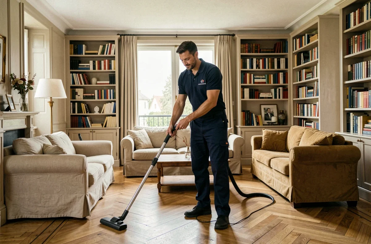 Agent d'entretien masculin passant l'aspirateur dans un salon bien décoré d'une maison à Rambouillet
