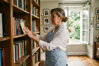 Aide ménagère professionnelle époussetant une bibliothèque dans un salon d'une maison de Pessac