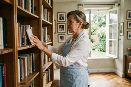Aide ménagère professionnelle époussetant une bibliothèque dans un salon d'une maison de Pessac