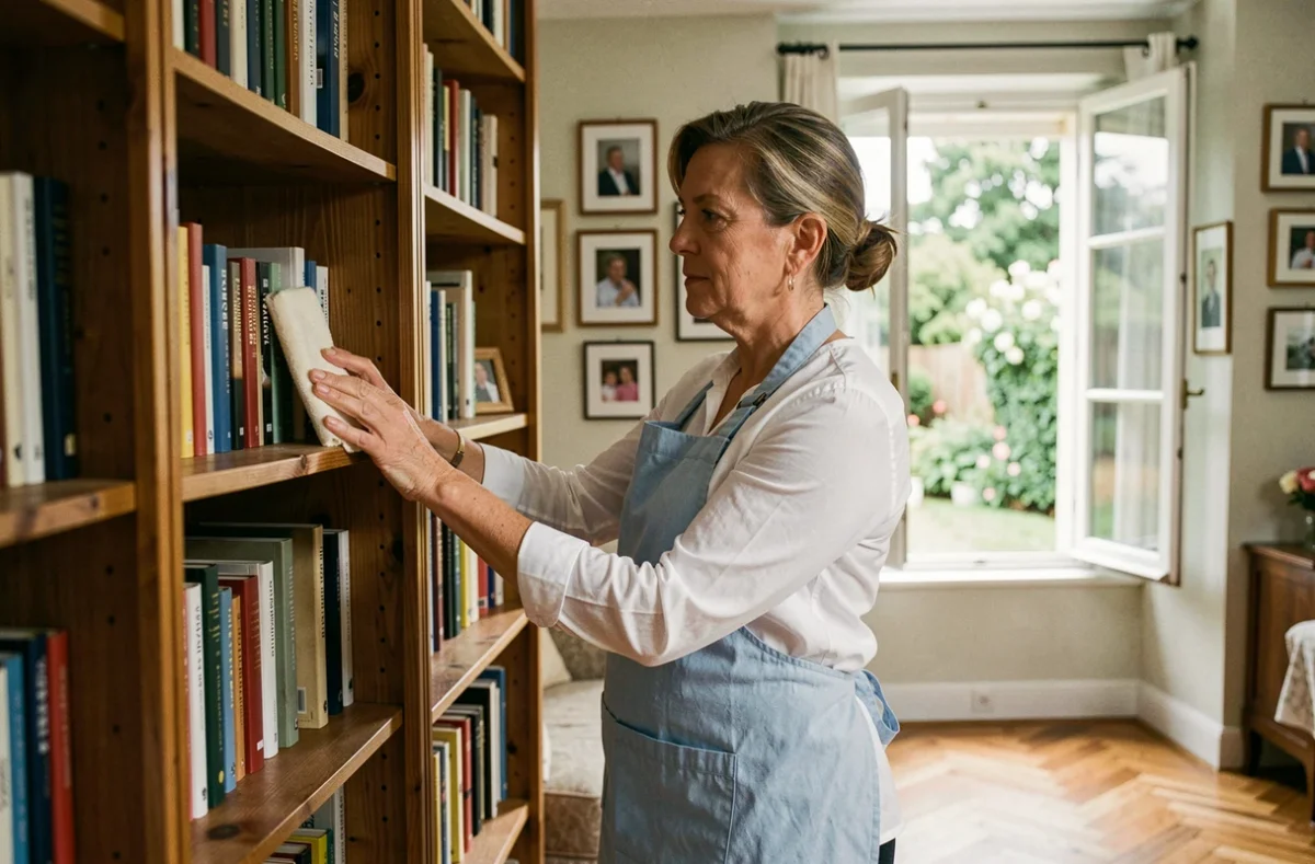 Aide ménagère professionnelle époussetant une bibliothèque dans un salon d'une maison de Pessac