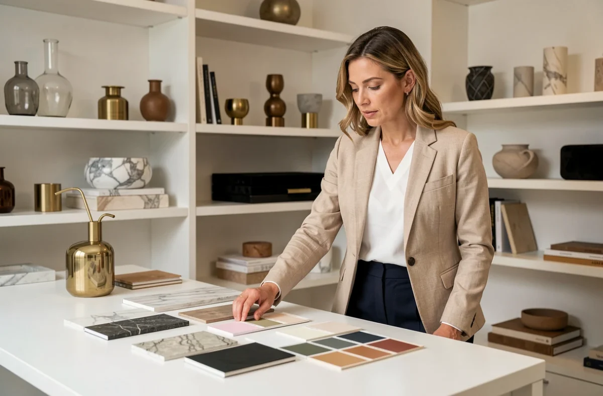 Décoratrice du studio Alchimie d'intérieur examinant des échantillons de matières et de couleurs dans un atelier de design minimaliste