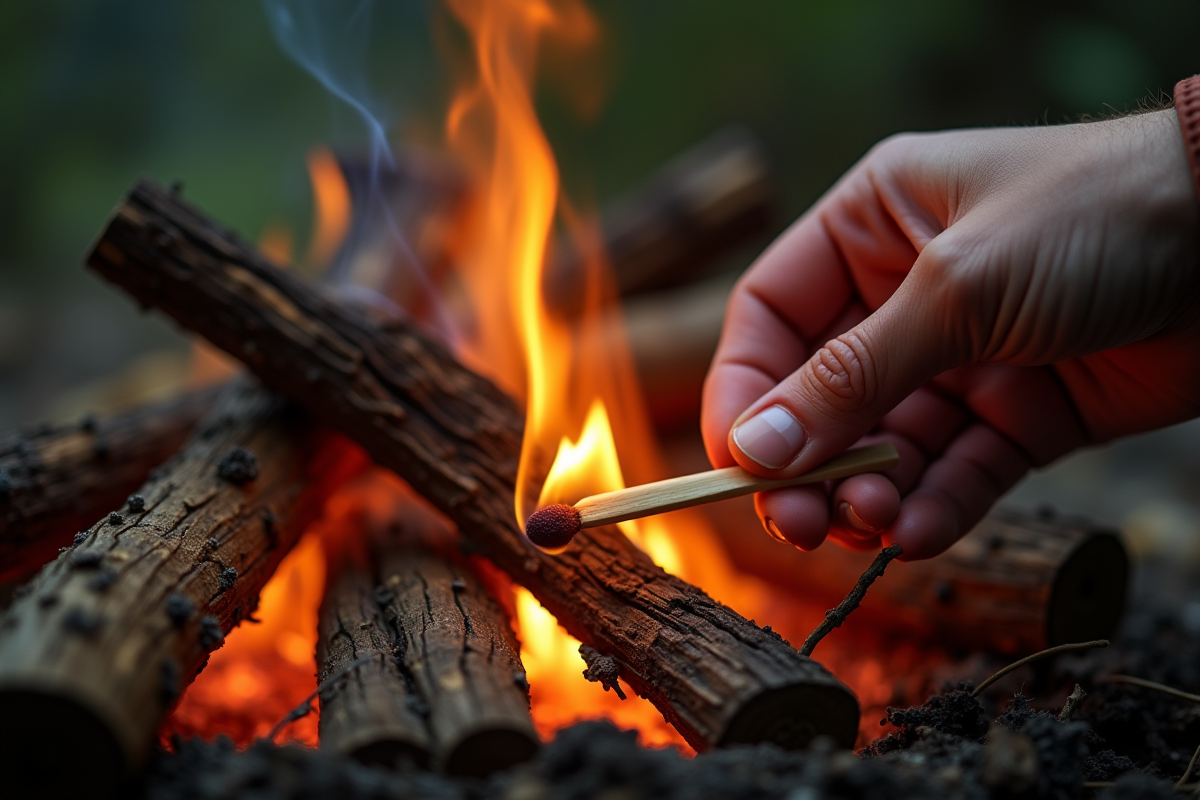 Main tenant une allumette près de bois sec en camping