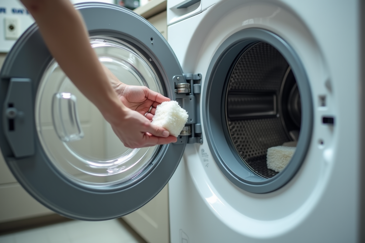 Main insérant de la mousse dans un lave-linge moderne
