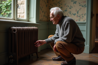 Homme âgé près d’un radiateur en fonte dans un salon ancien