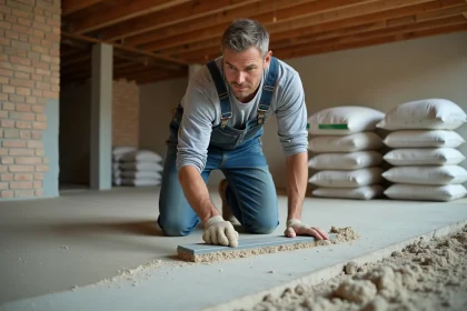 Ouvrier appliquant un ragréage écologique à base de chaux naturelle sur un plancher en béton lors d'une rénovation résidentielle