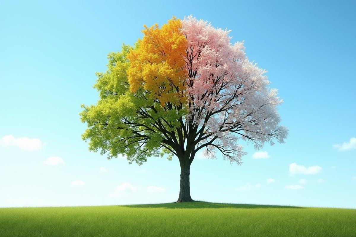 Arbre seul montrant les quatre saisons avec ciel bleu