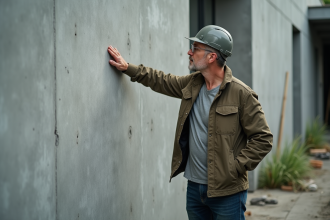 Architecte inspectant un mur en béton durable sur un chantier