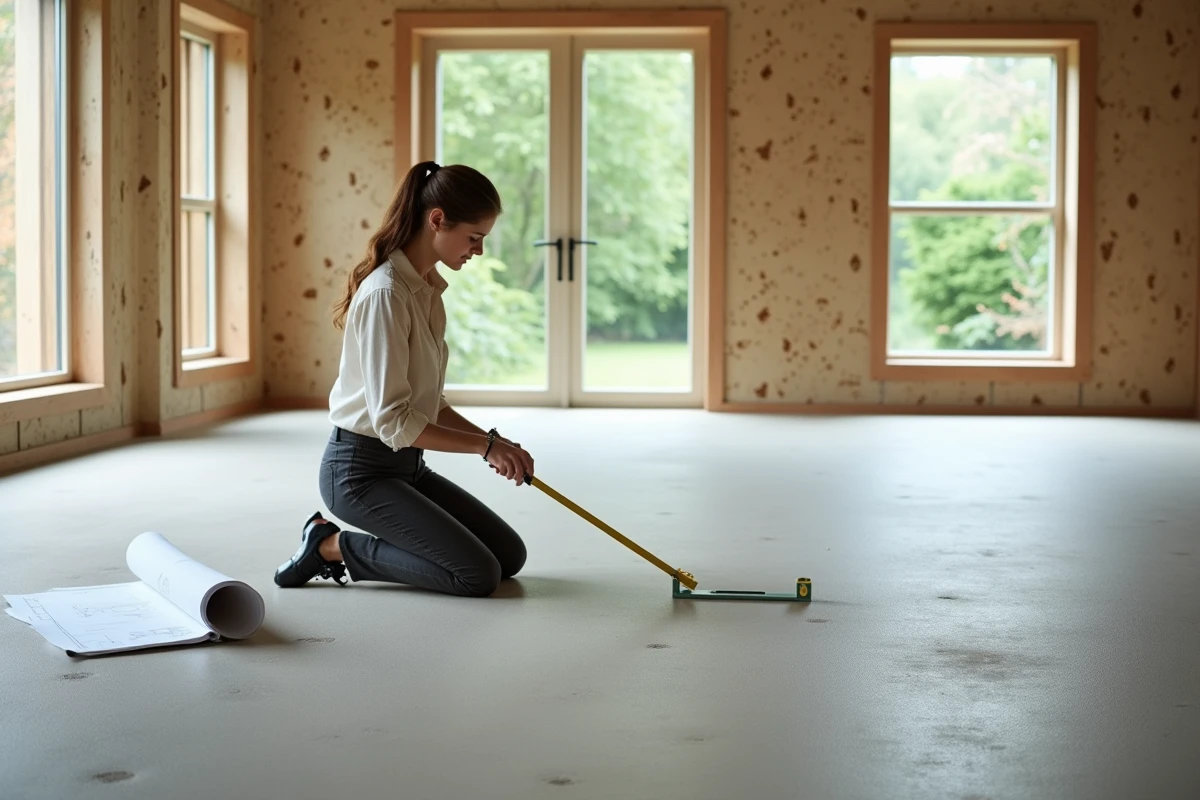 Architecte inspectant la planéité d'un ragréage écologique dans une maison passive en construction avec niveau à bulle