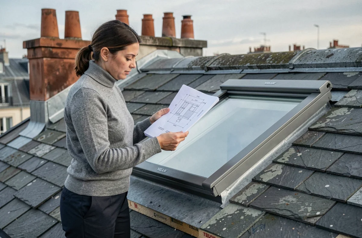 Architecte féminine consultant des plans de dimensions VELUX sur un toit en ardoise avec isolation visible