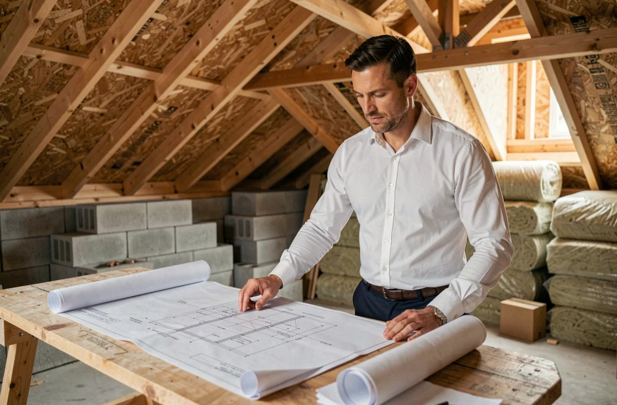 Architecte consultant des plans de surélévation à l'intérieur d'un chantier de maison avec charpente bois apparente