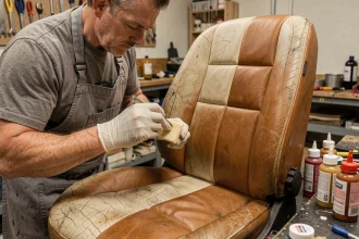 Artisan appliquant une coloration cuir sur un siège de voiture usé dans un atelier de sellerie automobile