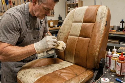 Artisan appliquant une coloration cuir sur un siège de voiture usé dans un atelier de sellerie automobile