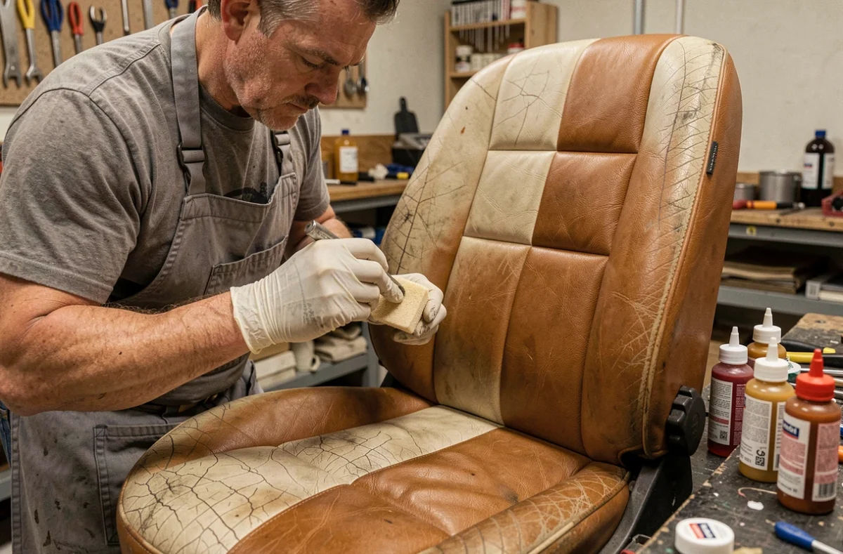 Artisan appliquant une coloration cuir sur un siège de voiture usé dans un atelier de sellerie automobile