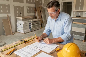 Artisan comparant plusieurs devis de rénovation sur un chantier de cuisine en travaux