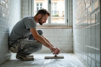 Artisan carreleur effectuant des travaux de rénovation de salle de bain dans un appartement parisien