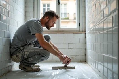 Artisan carreleur effectuant des travaux de rénovation de salle de bain dans un appartement parisien