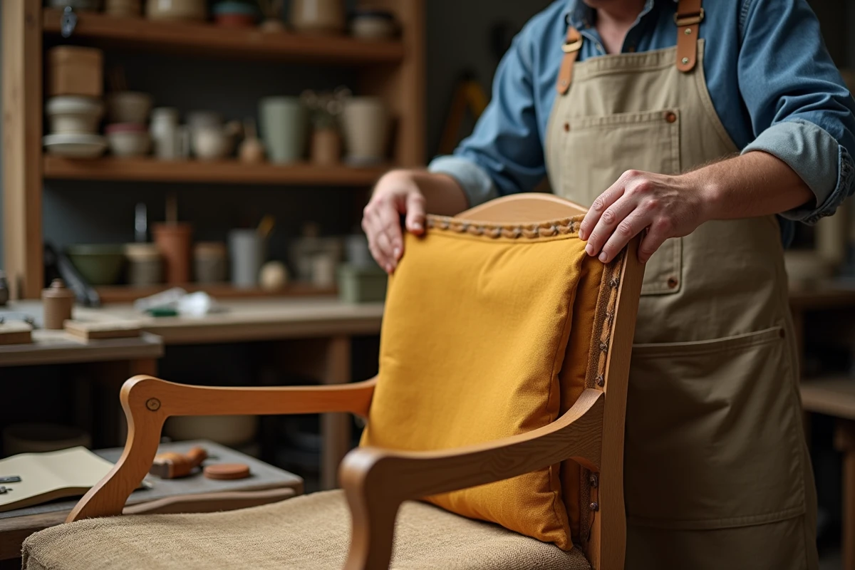 Artisan tapissier rénovant un fauteuil Voltaire dans un atelier parisien avec tissu lin moutarde