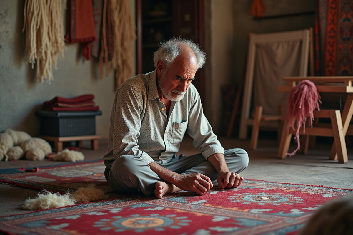 Artisan tissant un tapis Benuta à la main dans un atelier traditionnel