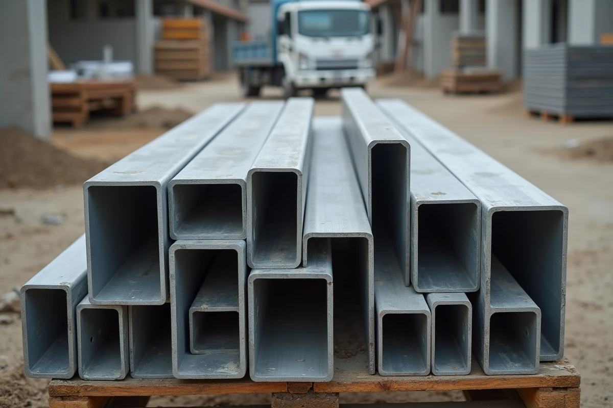 Assortiment de tubes rectangulaires en aluminium de différentes sections sur un chantier de construction