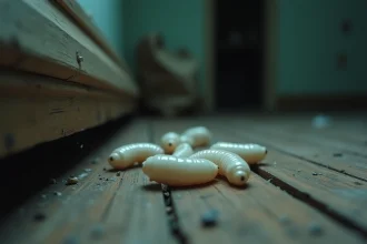 Gros plan de larves d'asticots sur un plancher de cuisine en bois vieilli, illustrant une infestation domestique naissante