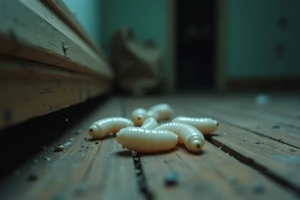 Gros plan de larves d'asticots sur un plancher de cuisine en bois vieilli, illustrant une infestation domestique naissante