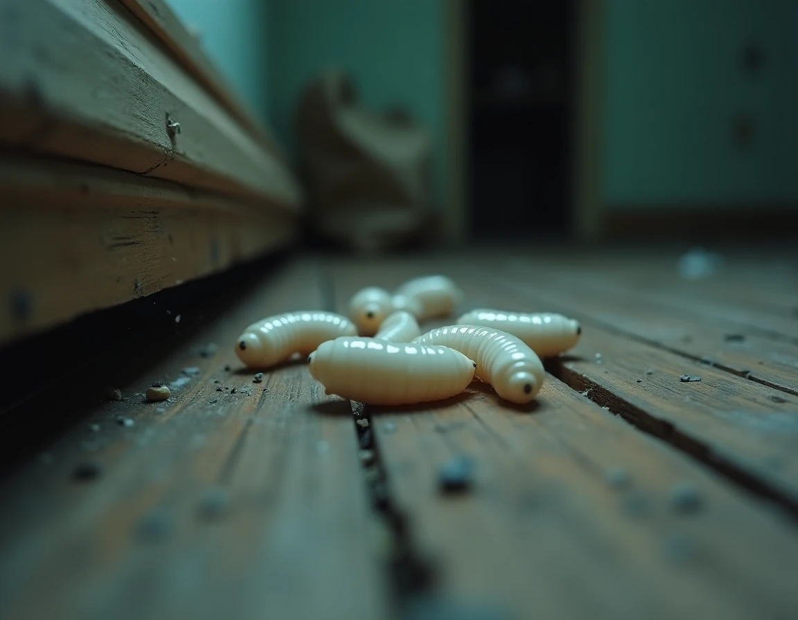 Gros plan de larves d'asticots sur un plancher de cuisine en bois vieilli, illustrant une infestation domestique naissante