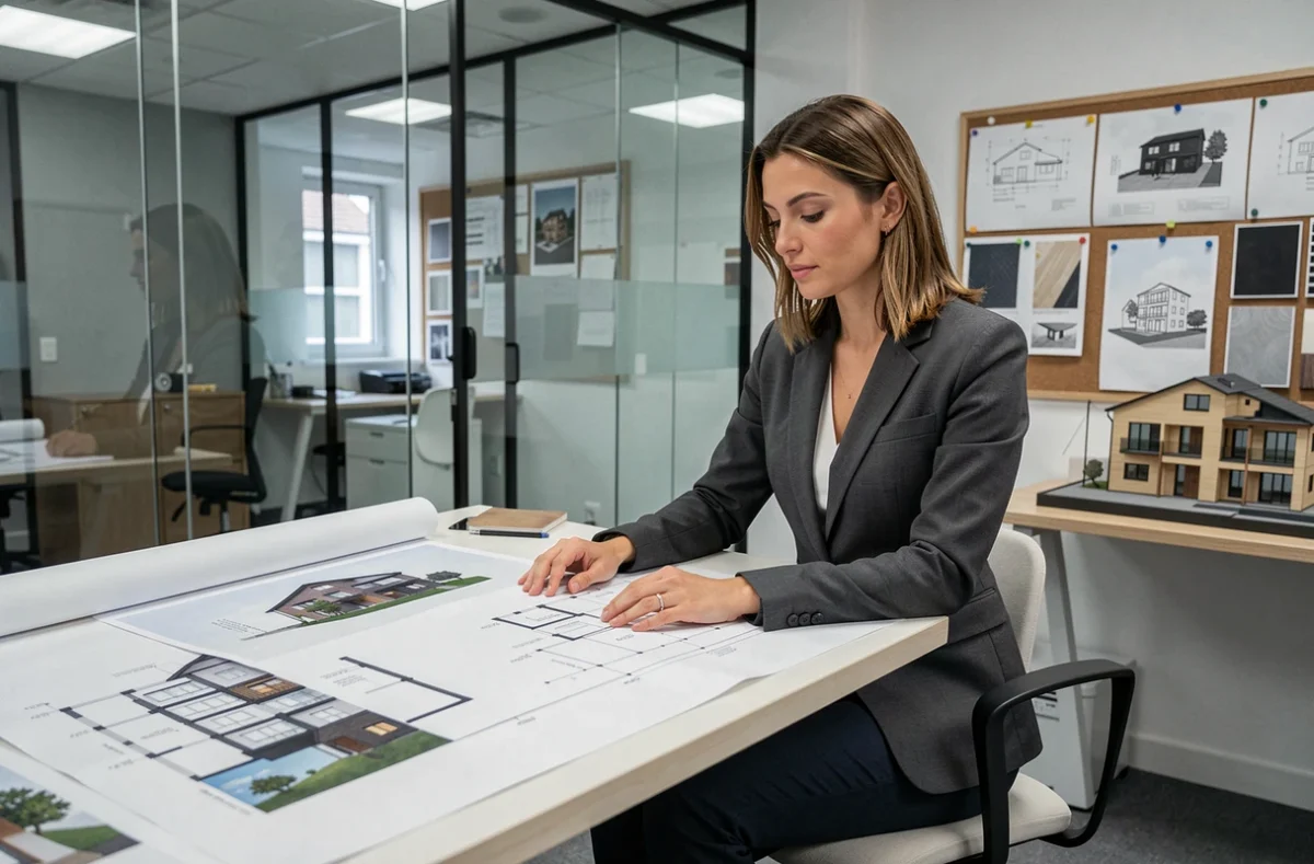 Architecte femme révisant des plans d'architecture résidentielle dans son atelier pour Atelier d'Architecture Millet Marion EIRL