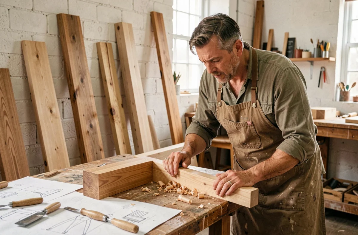 Atelier artisanal de création de mobilier sur mesure avec prototype en bois et outils de menuiserie pour Atelier Elie S