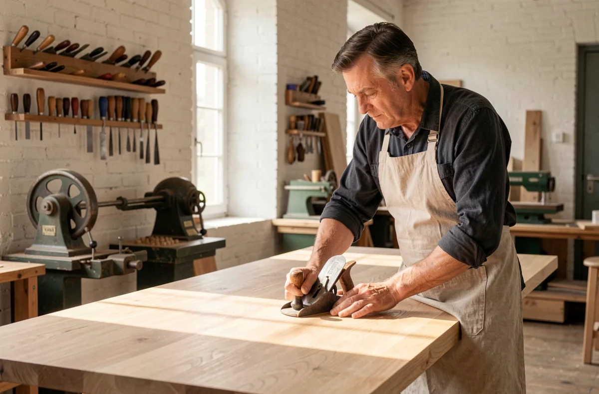Maître artisan de l'Atelier F. Perroy à Mulhouse rabot à la main la surface d'un plateau en frêne massif dans un atelier de création de mobilier élégant