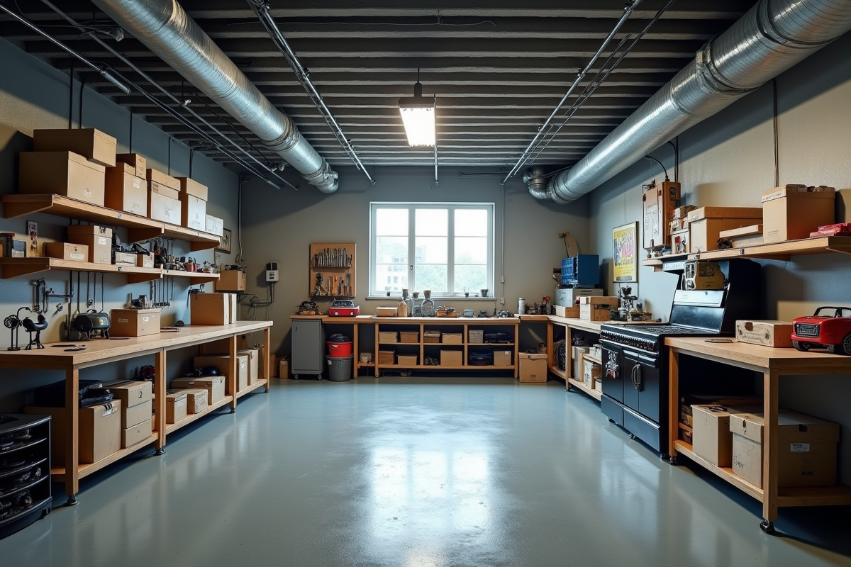Espace atelier dans un sous-sol non aménagé avec outils et rangements
