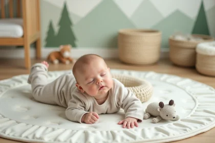 Nouveau-ne paisiblement sur un tapis en coton bio