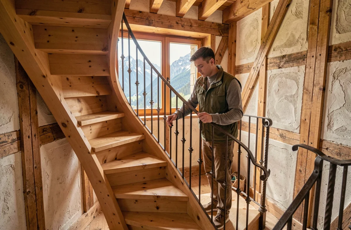 Menuisier de Bossert Menuiserie à Soultzeren assemblant un escalier en bois de chalet dans une maison alsacienne à colombages avec vue sur les Vosges