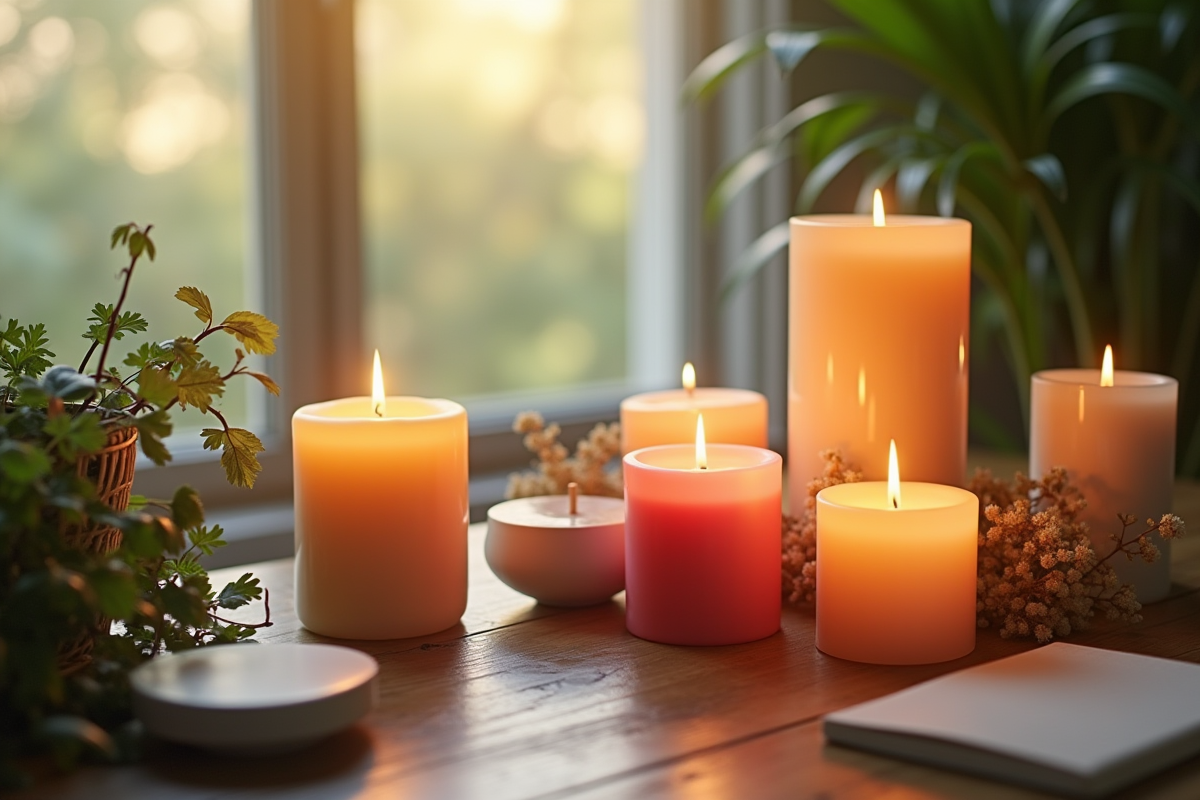 Assortiment de bougies colorées sur une table en bois avec verdure et lumière naturelle