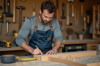 Homme bricoleur mesurant une planche en bois dans un atelier DIY bien équipé à la maison