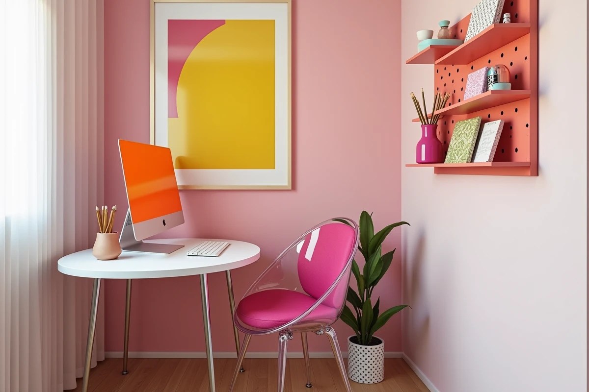 Bureau à domicile aménagé en style pop design avec chaise acrylique fuchsia, organisateur mural corail et affiche inspirée du pop art américain