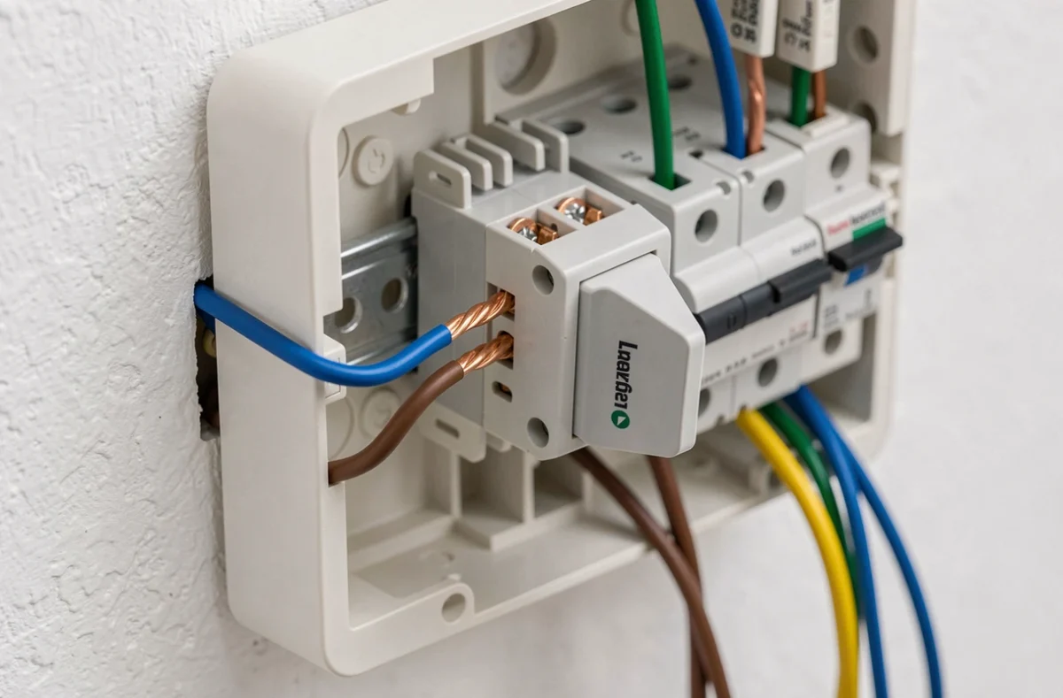 Gros plan sur le câblage d'un bouton poussoir Legrand avec fils colorés sur tableau électrique encastré