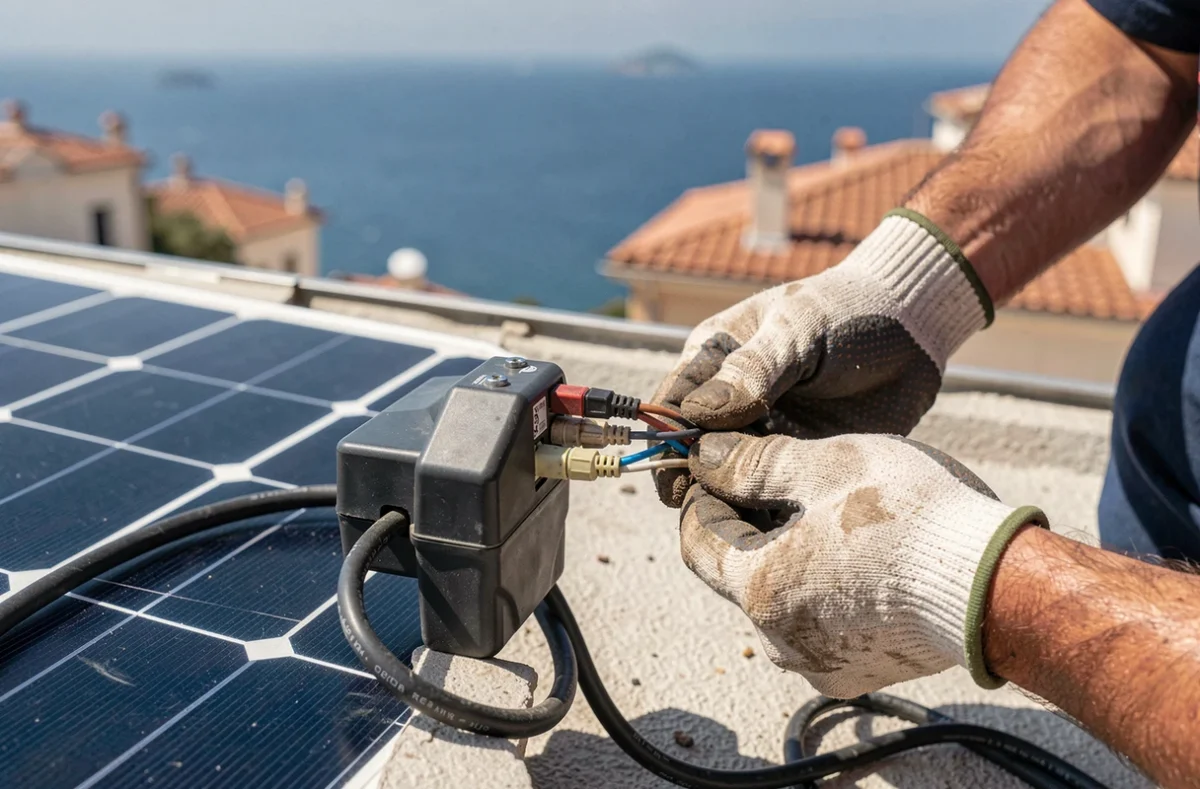 Gros plan sur le câblage électrique d'un panneau solaire par un électricien sur les toits de Toulon avec vue mer
