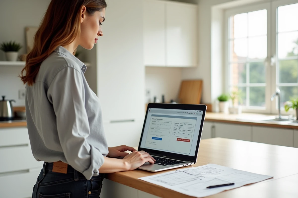 Femme calculant le prix au m2 d'une dalle sur plot sur un outil d'estimation en ligne depuis sa cuisine