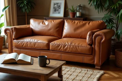 Canapé en cuir aniline cognac dans un salon familial avec parquet en chêne et tapis en jute, illustrant un usage quotidien