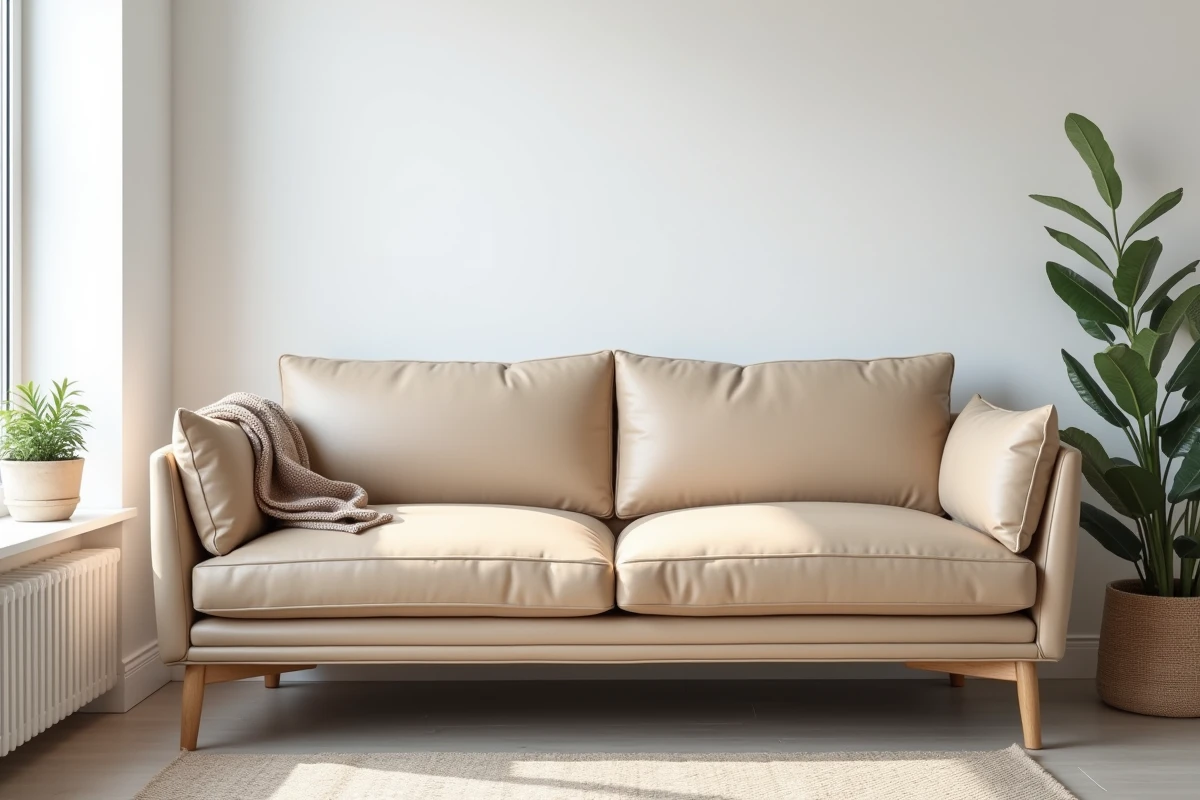 Canapé deux places en cuir aniline sable dans un appartement scandinave avec trace d'humidité visible sur le coussin