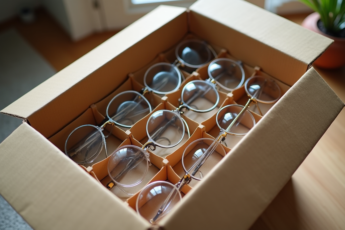 Carton avec verres fragiles séparés par des diviseurs en papier dans une maison