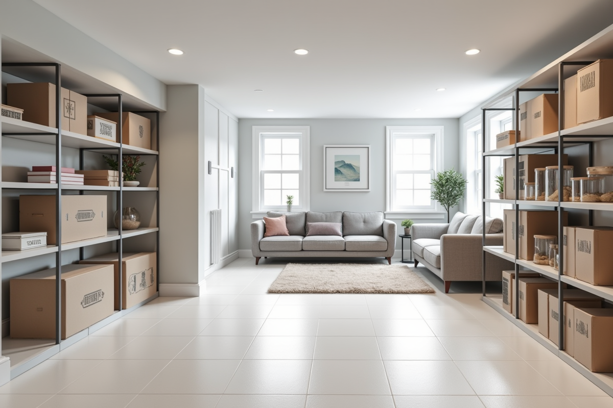 Sous-sol moderne avec rangement organisé et espace détente