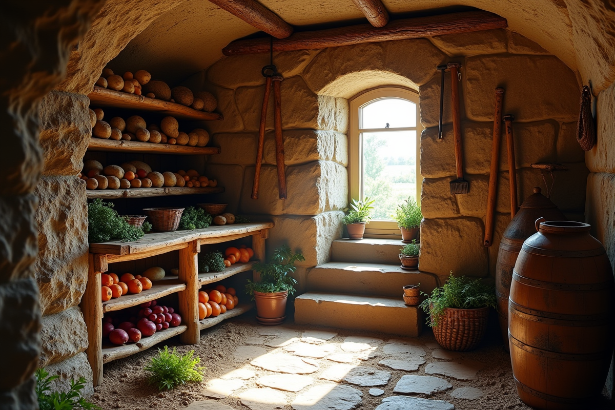 Cellier rustique avec légumes dans une cave traditionnelle