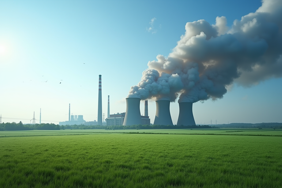 centrale au charbon avec fumée noire et paysage vert