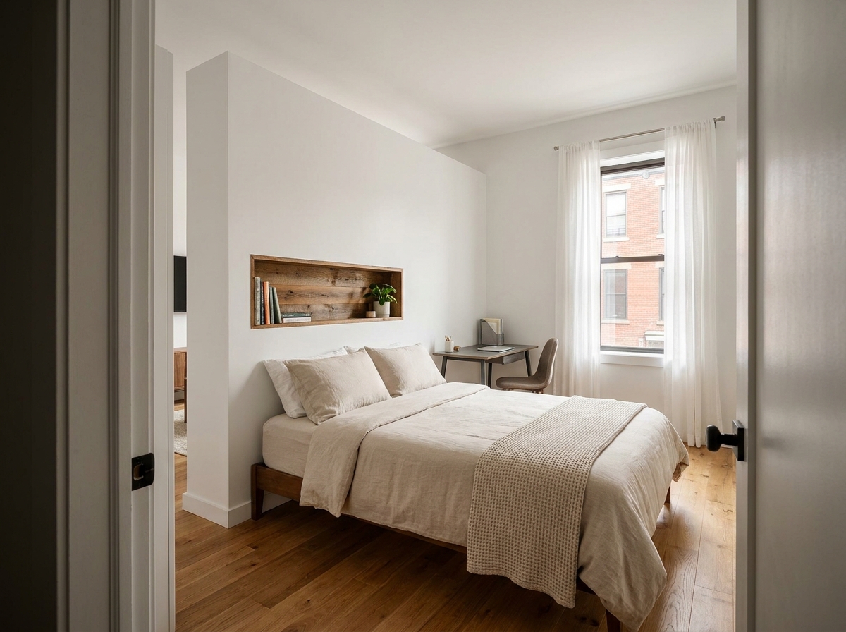 Chambre supplémentaire aménagée grâce à une cloison en plaques de plâtre dans un appartement moderne avec parquet en chêne