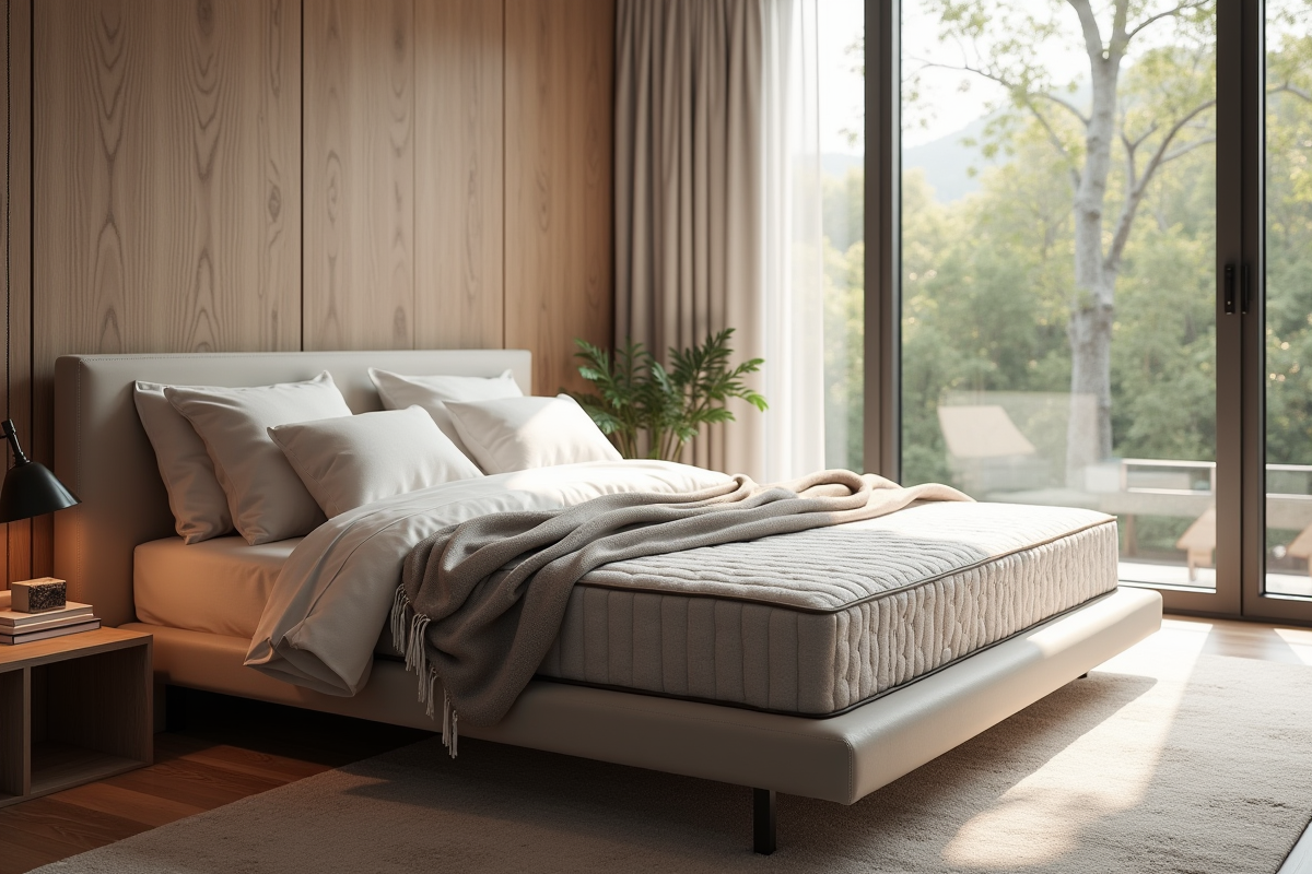 Chambre moderne avec grand lit confortable et lumière naturelle